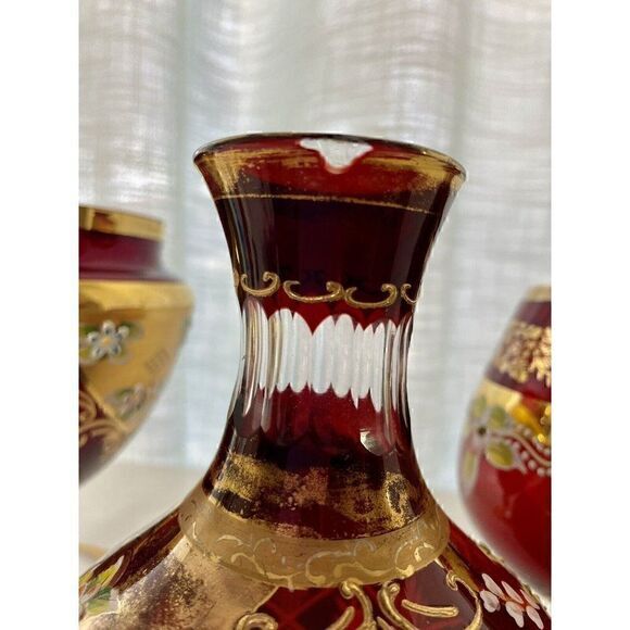 Vtg Bohemian Czech 24K Gold Cranberry Ruby Red Brandy Candy Dish Decanter 3 Set - Picture 3 of 3